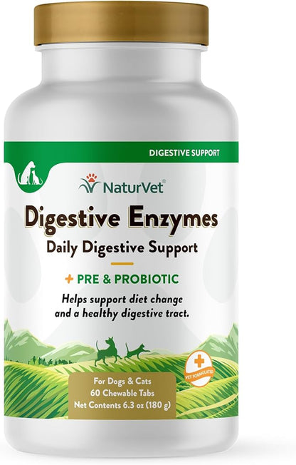 NaturVet – Digestive Enzymes - Plus Probiotics & Prebiotics – Helps Support Diet Change & A Healthy Digestive Tract – for Dogs & Cats (Chewable Tablets, 60 Count)