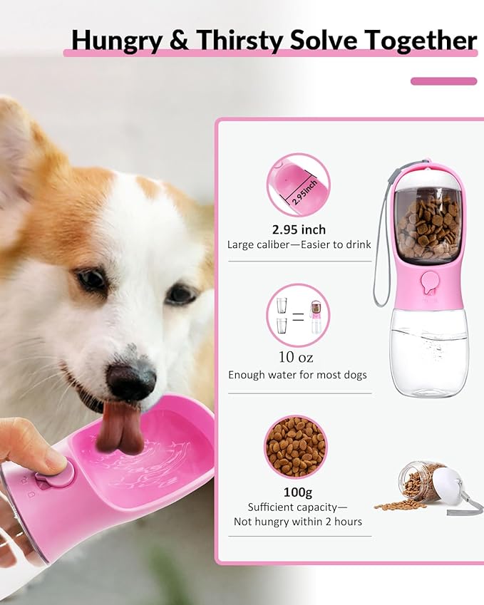 Dog Water Bottle 2 in 1, Leak Proof Portable Pet Water Bottle with Food Container, Outdoor Portable Water Dispenser for Cat, Puppy for Walking, Hiking, Camping, Travel(10oz Pink)