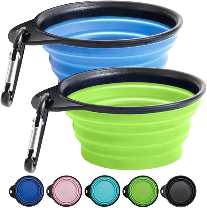 Gorilla Grip Collapsible Dog Bowl, Silicone Set of 2 Travel Bowls with Carabiner, Foldable and Portable Accessories for Cat and Dogs, Small Pet Hiking Supplies, Food and Water, 1 Cup, Royal Blue/Green