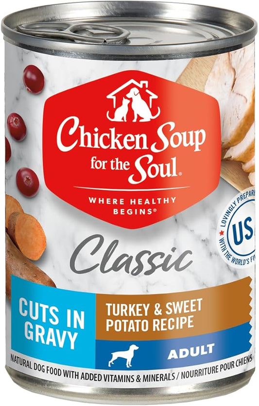 Chicken Soup for The Soul Classic Adult Wet Dog Food, Turkey & Sweet Potato Recipe in Gravy, 13 oz. Cans (Pack of 12) - No Wheat, Corn or Soy - No Artificial Colors, Preservatives, Flavors, 201009