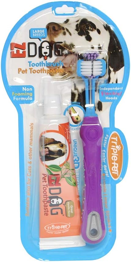 Dental Care Kit Contains 3-Sided Toothbrush & All-Natural Vanilla Toothpaste | Helps Prevent Plaque & Tartar Buildup | Dogs Love the Taste, Large Breed