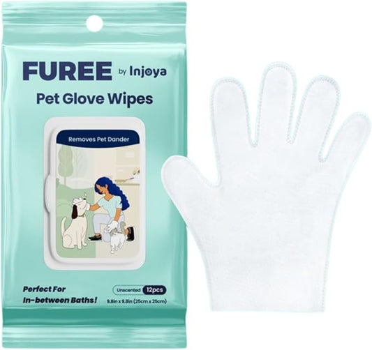 Injoya Pet Glove Wipes, Resealable Pack of 12 Pet Grooming Gloves, Portable Deodorizing Cleaning Gloves for Dogs, Non-Toxic, Lick Safe, Mild Fresh Scent, Hypoallergenic, Moisturizing, Bath Alternative