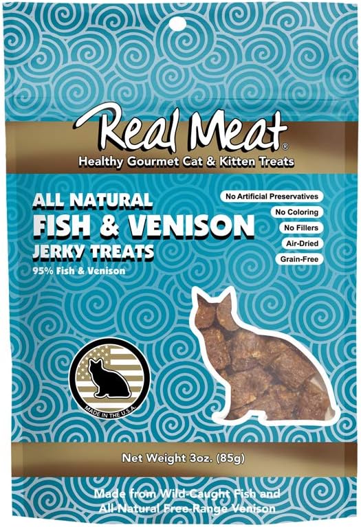 Real Meat, Air-Dried Jerky Treats, Free-Range, All-Natural Fish & Venison Cat Treats 3oz