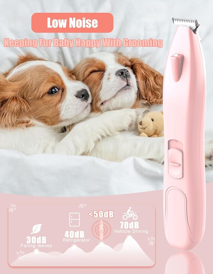 Cordless Dog Paw Trimmer - Low Noise LED Dog Clippers with Ceramic Blade, 2 Speed Rechargeable Small Pet Shaver for Grooming Dogs Cats Hair Around Paws, Eyes, Ears, Face, Rump, Pink