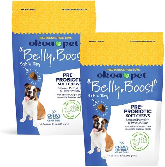 Belly Boost Probiotic Soft Chews for Dogs - Vet Formulated for Gut Health, Digestion, Allergy Relief, & Immune System Support - Smoked Pumpkin & Sweet Potato Flavor - All Breeds - 2 Pack