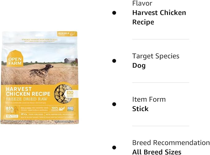 Open Farm Freeze Dried Raw Dog Food, Humanely Raised Meat Recipe with Non-GMO Superfoods and No Artificial Flavors or Preservatives (3.5 Ounce (Pack of 1), Harvest Chicken Recipe)