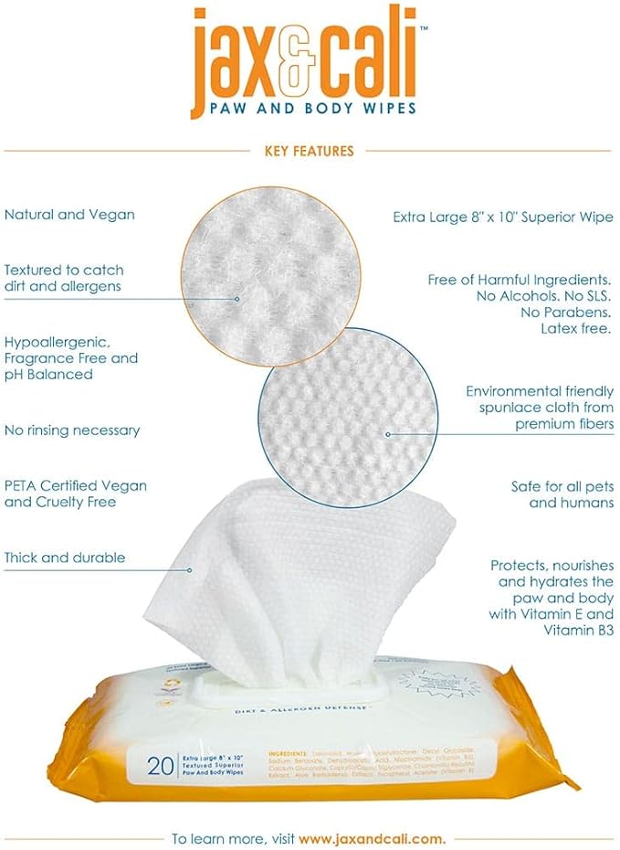 JAX & CALI Pet Wipes, Natural Textured Paw and Body Wipes, Hypoallergenic, pH balanced, Vitamins B3 & E, Soothing Aloe, No Fragrance, Holistic, Cruelty Free, Dogs & Cats, Extra Large 8"x10", 20 Wipes