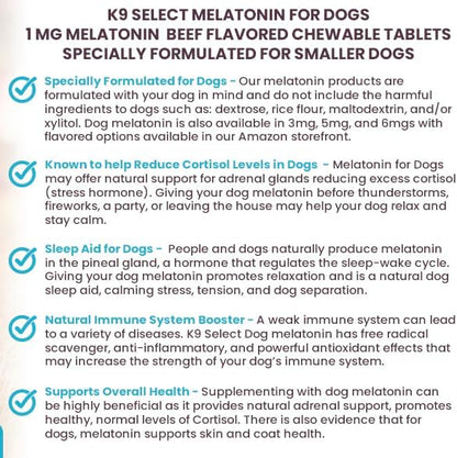 Melatonin for Dogs, 1 mg - 180 Beef Flavored Chewable Tablets - Dog Melatonin for Smaller Breeds - Gentle Well-being Enhancer - Healthy, Tasty Dog Treats That Promote Overall Health