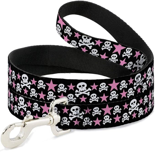 Buckle-Down Dog Leash Skulls Stars Black White Pink Available in Different Lengths and Widths for Small Medium Large Dogs and Cats
