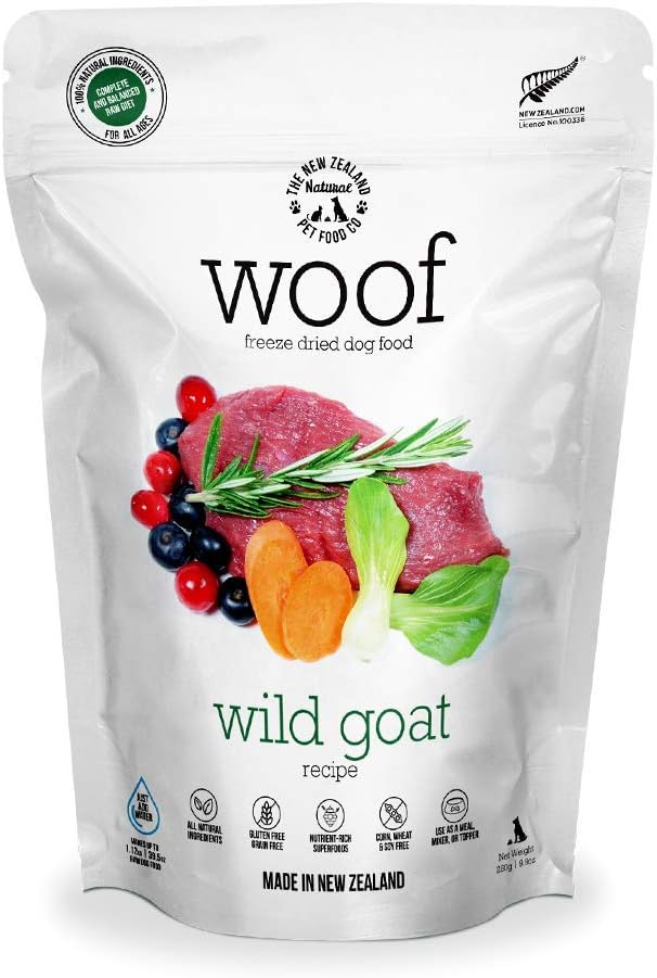 WOOF Wild Goat Freeze Dried Raw Dog Food, Mixer, or Topper, or Treat - High Protein, Natural, Limited Ingredient Recipe 9.9oz