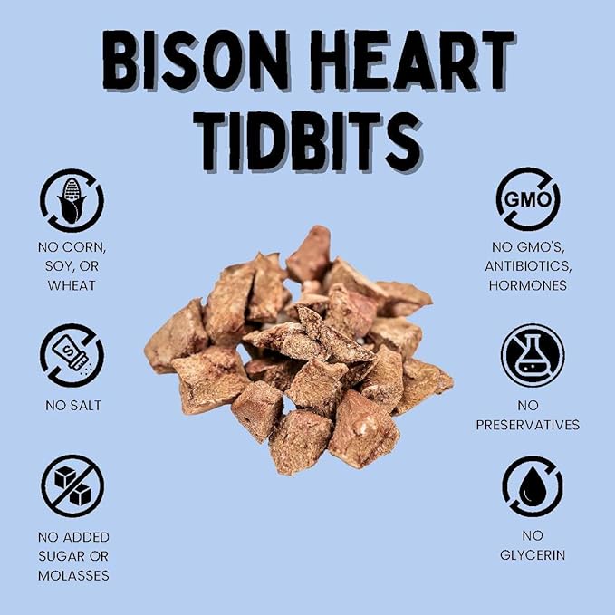 Winnie Lou Organic Dog Treats, Bison Heart Tidbits Jerky Human Grade Dog Treats for All Sized Breeds, All Natural Dog Treats with No-Added Sugar, Glycerin & Preservatives, Made in USA, 2.5 Oz (71g)