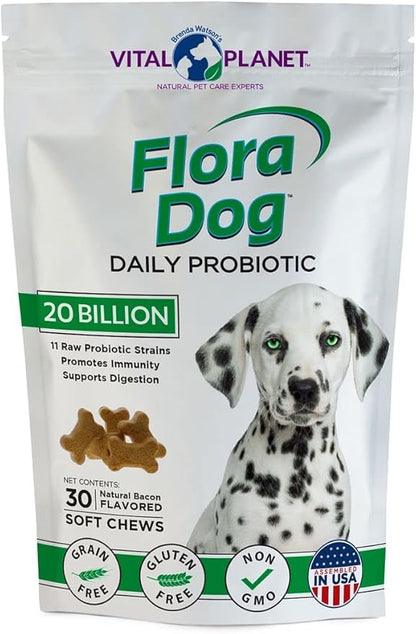 Vital Planet - Flora Dog Probiotics, Dog Chews Supplement with 20 Billion Cultures and 11 Strains, Immune and Digestive Support Chewable Probiotics for Dogs, 30 Natural Bacon Flavored Soft Chews