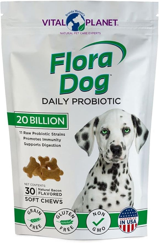 Vital Planet - Flora Dog Probiotics, Dog Chews Supplement with 20 Billion Cultures and 11 Strains, Immune and Digestive Support Chewable Probiotics for Dogs, 30 Natural Bacon Flavored Soft Chews