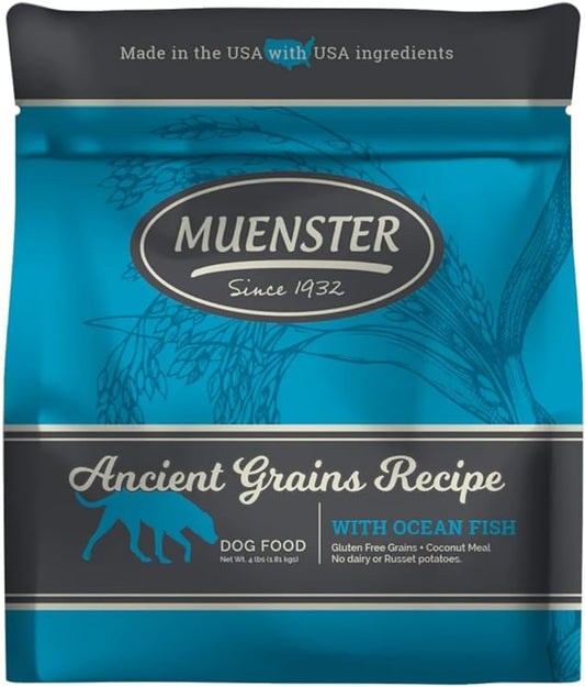 Muenster Ancient Grains Dog Food (4lb) - Ocean Fish Dry Dog Food for Large Dogs – Gluten Free, Non-GMO High Protein Dog Food - Healthy Digestive Dog Kibble for All Life Stages