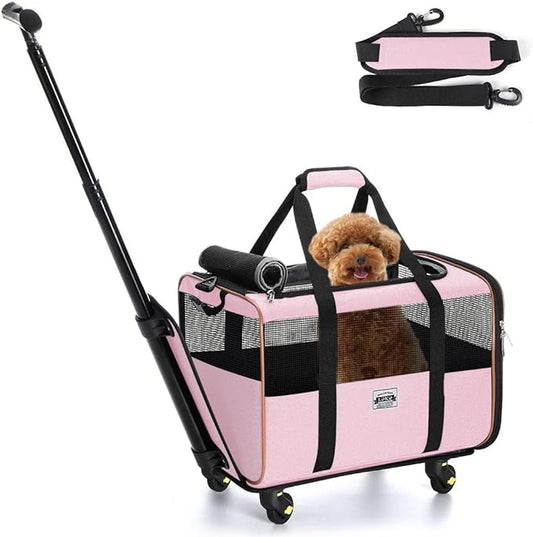 Lekesky Wheeled Pet Carrier Airline Approved, Small Dog Carrier for Puppy and Kitten 15 Lbs, Pet Carrier for Cat, Soft Cat Carrier with Wheels, Collapsible Cat Carrier Bag, Pink