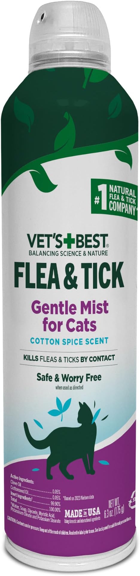 Vet’s Best Flea and Tick Gentle Mist for Cats – Cotton Spice Scent – Plant-Powered Flea and Tick Prevention – Pest Protection for Pets – Gentle Spray – 6.3oz