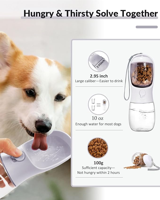 Dog Water Bottle 2 in 1, Leak Proof Portable Pet Water Bottle with Food Container, Outdoor Portable Water Dispenser for Cat, Puppy for Walking, Hiking, Camping, Travel(10oz White)