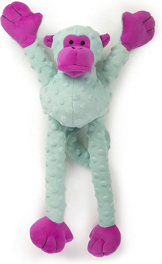 goDog Crazy Tugs Monkey Squeaky Plush Tug Dog Toy, Chew Guard Technology - Turquoise, Large