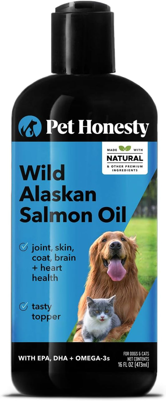 Pet Honesty Wild Alaskan Salmon Oil, Omega-3 Fish Oil for Dogs and cats, Fatty Acids, Salmon Oil for Dogs, Skin and Coat health, Pure Dog Food Topper, Supports Joints, Brain & Heart Health - 16 oz