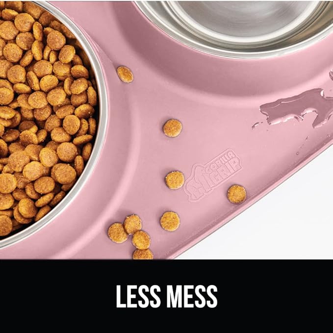 Gorilla Grip 100% Waterproof BPA Free Cat and Dog Bowls Silicone Feeding Mat Set, Stainless Steel Bowl Slip Resistant Raised Edges, Catch Water, Food Mess, No Spills, Pet Accessories, 2 Cup, Pink