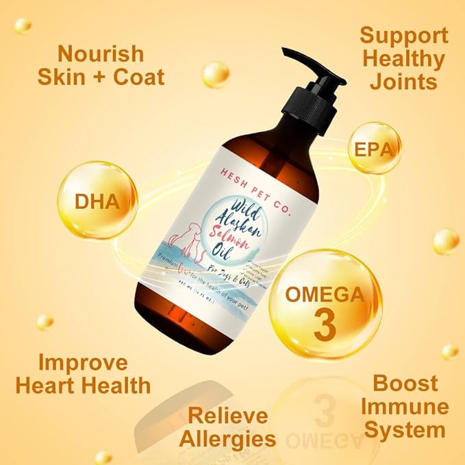 Premium Wild Alaskan Salmon Oil for Dogs & Cats 16oz Skin & Coat Natural Liquid Food Supplement for Pets, Fish Oil, Omega 3, EPA + DHA Fatty Acids for Joint Function, Immune & Heart Health!