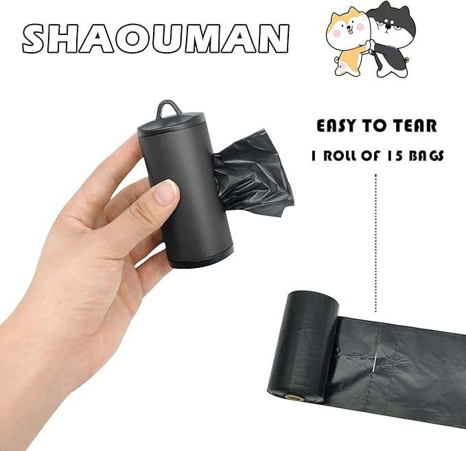 Metal Dog Poop Bags Holder Aluminum Poo Bags Dispenser with 15 Black Unscented Pet Waste Bags and 3 Leash Accessories for Dog Walking(1 Holder 15 Bags,Black)