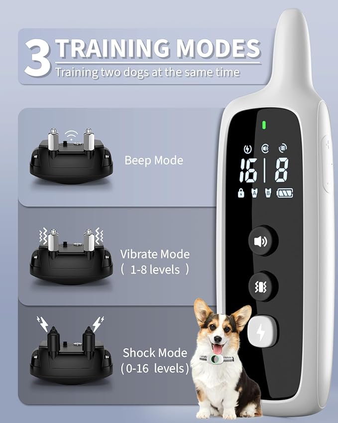 Dog Shock Collar for 2 Dogs, Dog Training Collar with Remote for Large Medium Small Dogs, Rechargeable E-Collar Waterproof Collars with 3 Training Modes, Range up to 3300Ft-Grey