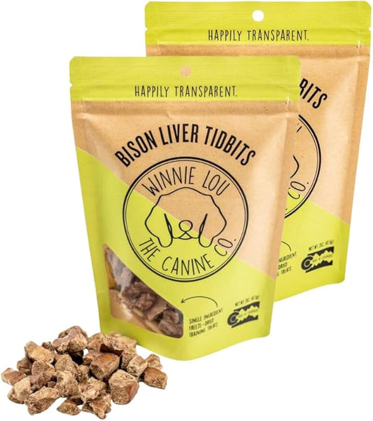 Winnie Lou Organic Jerky Dog Treats Made in The USA – Human Grade Dog Treats – Dog Jerky Treats – All Natural Dog Treats – Healthy Dog Treats (Bison Liver Tidbits 2 Pack)