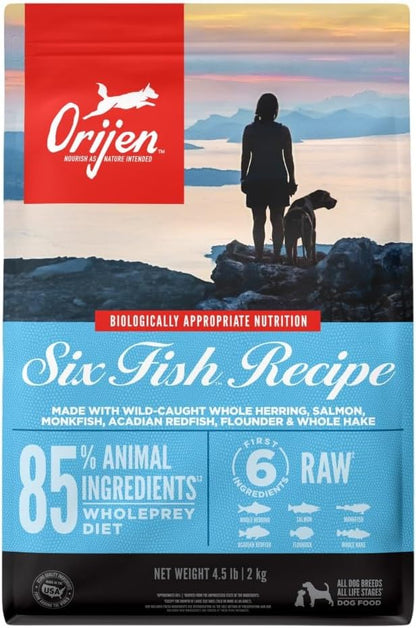 ORIJEN Dog Six Fish Recipe, 4.5lb, High-Protein Grain-Free Dry Dog Food, Packaging May Vary
