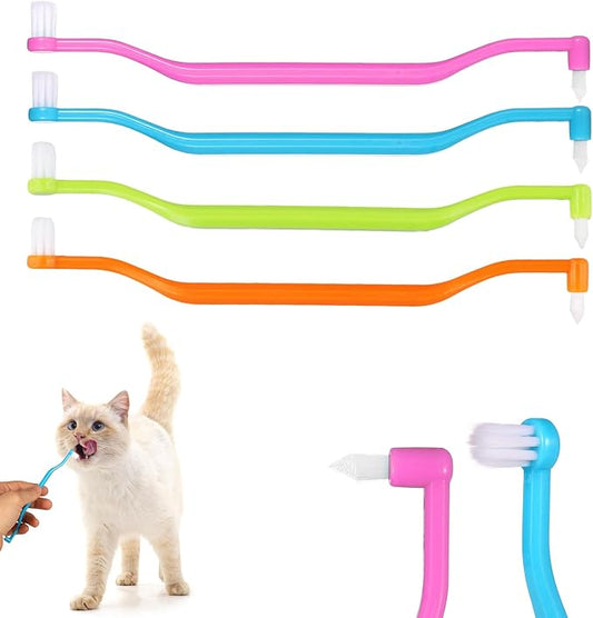4pcs Cat Toothbrushes, 6.3x0.63in Double Sided Small Dog Pet Kitten Puppy Toothbrush Teeth Cleaning Brush Tooth Brushing with Curved Handle Micro Head Cat Dental Care Reduce Plaque Tartar Formation