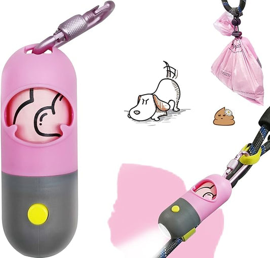 Dog Poop Bag Dispenser with Flashlight|Dog Poop Bag Holder with Leash Clip|Hands-Free Leash Poop Bag Holder with Straps and 1 Roll Dog Waste Bags (Pink)