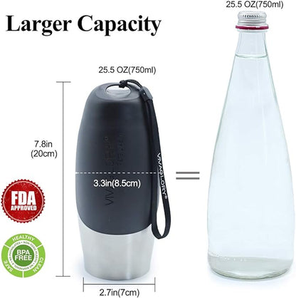VIVAGLORY Dog Water Bottle, Pet Drinking Bottle, 25oz Portable & Leakproof Stainless Steel Dog Travel Water Bottle Bowl with Large Trough for Walking & Hiking, Stainless Steel