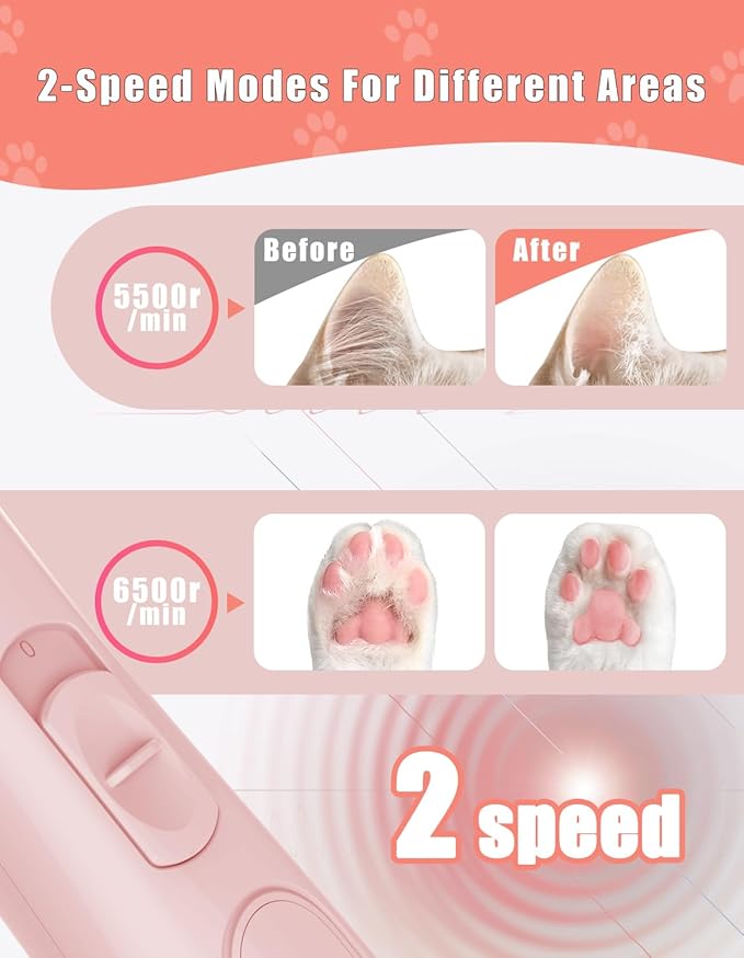 Cordless Dog Paw Trimmer - Low Noise LED Dog Clippers with Ceramic Blade, 2 Speed Rechargeable Small Pet Shaver for Grooming Dogs Cats Hair Around Paws, Eyes, Ears, Face, Rump, Pink