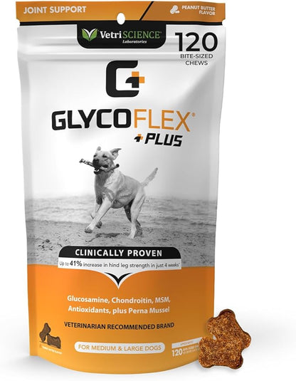 VetriScience GlycoFlex Plus Hip and Joint Supplement for Dogs – Extra-Strength Joint Support Chews with Green Lipped Mussel, Chondroitin, and Glucosamine for Dogs