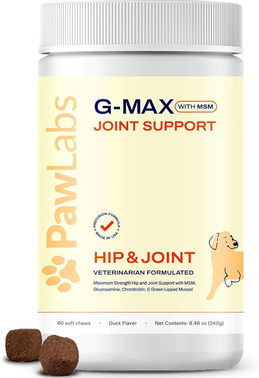 G-Max Joint Support - Maximum Strength Hip & Joint Supplement - Vet Formulated for Dog Arthritis Pain - Glucosamine, Chondroitin, MSM & Green-Lipped Mussel - Duck Flavor - 60 Soft Chews