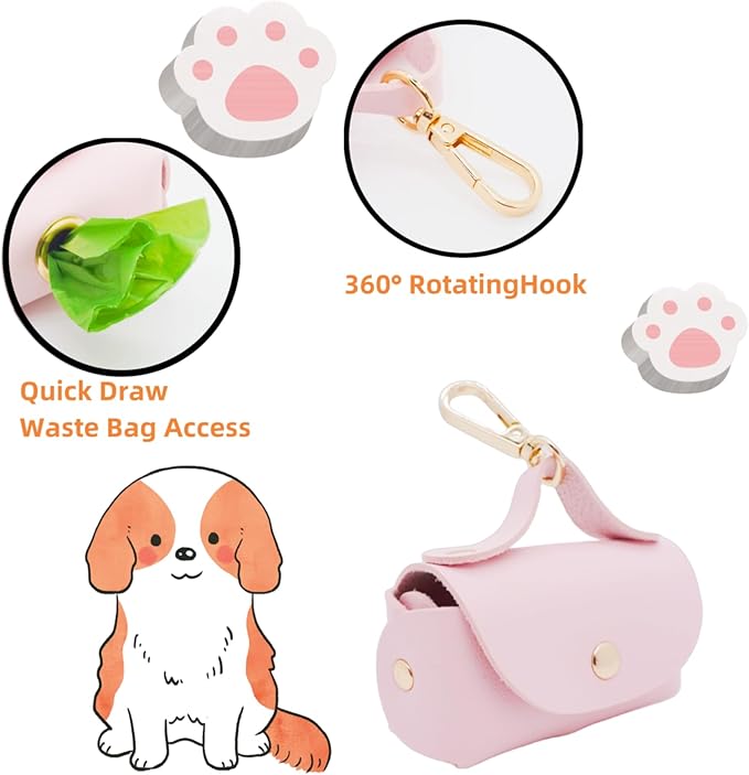 Leather Poop Bag Holder Dispenser for Leash, Portable and Reusable Dog Poop Bag Dispenser, Dog Bag Holder for Walking, Outdoor, Travelling (Pink)