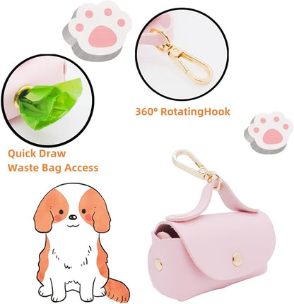 Leather Poop Bag Holder Dispenser for Leash, Portable and Reusable Dog Poop Bag Dispenser, Dog Bag Holder for Walking, Outdoor, Travelling (Pink)
