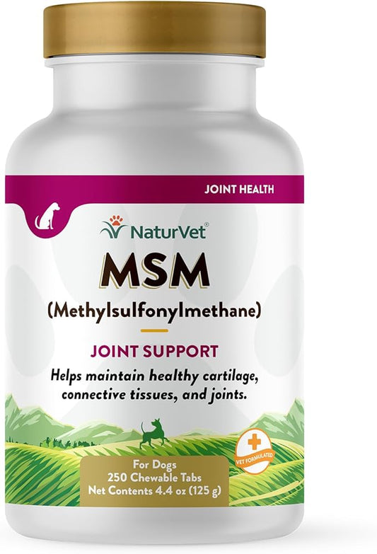 NaturVet Methylsulfonylmethane Joint Support Dog Supplement – Helps Support Healthy Cartilage, Tissue and Joints in Dogs – Includes MSM, Sulfur-Rich Compounds – 250 Ct.