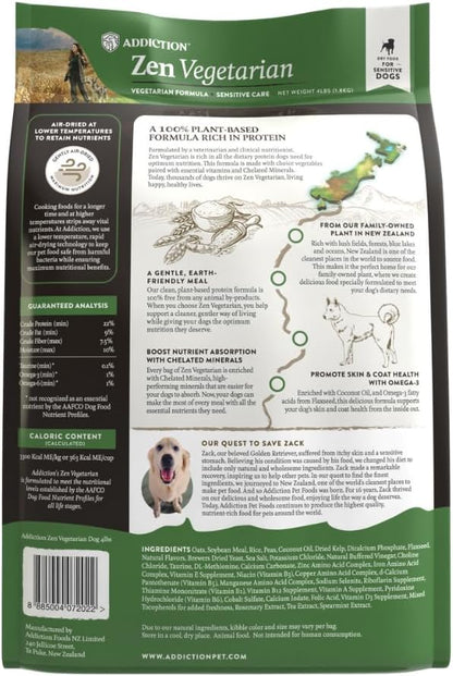 Addiction Zen Vegetarian Dry Dog Food, Rich in Isoflavones and Antioxidants, Vegetarian Dog Food, Crafted in New Zealand, for All Dog Life Stages 20lb
