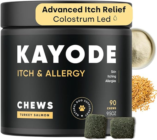 Kayode Itch & Allergy Chews - Natural Allergy Relief for Dogs. Premium Colostrum for Dogs, Bee Pollen for Dog Allergies. Alaskan Salmon Oil. Natural Itch Relief for Dogs. 90 Dog Allergy Chews.