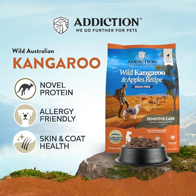 Addiction Wild Kangaroo & Apples - Dry Dog Food - Limited Ingredient Novel Protein - Muscle and Weight Management - Grain-Free - Ideal for Dogs with Food Allergies - Crafted in New Zealand 4lb
