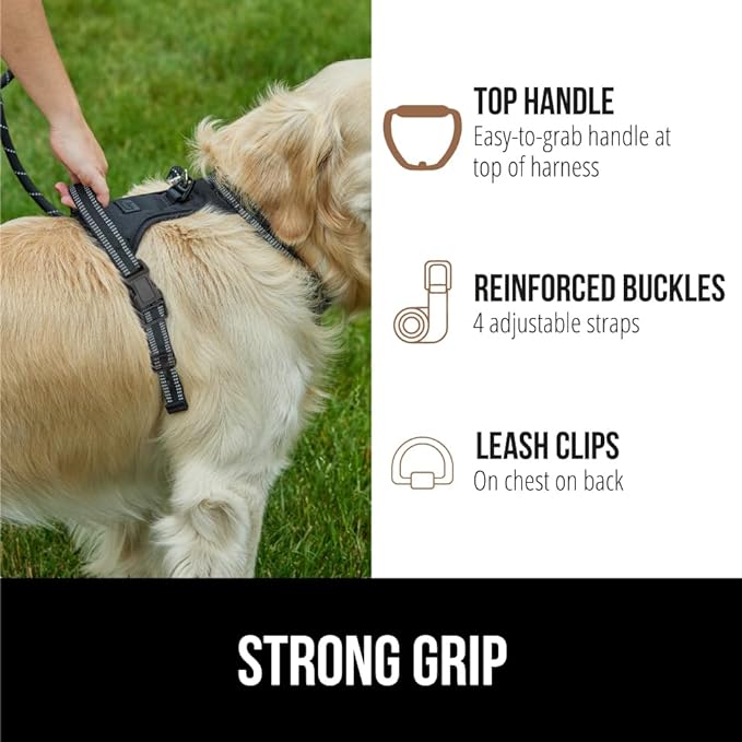Gorilla Grip Comfortable Durable Dog Harness with Handle, Pet Leash Clips on Chest or Back for Walking, Padded Mesh Pets Vest, Adjustable Reflective Straps, Puppy Training, Black