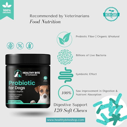 Healthy Bite Probiotic for Dogs - Dog probiotic for Diarrhea, Digestive and Immune Support for Dogs, Gut Health 6 Different Bacterias, Prebiotic Soft Chew Supplement for Dogs - Prebiotic -120 Count