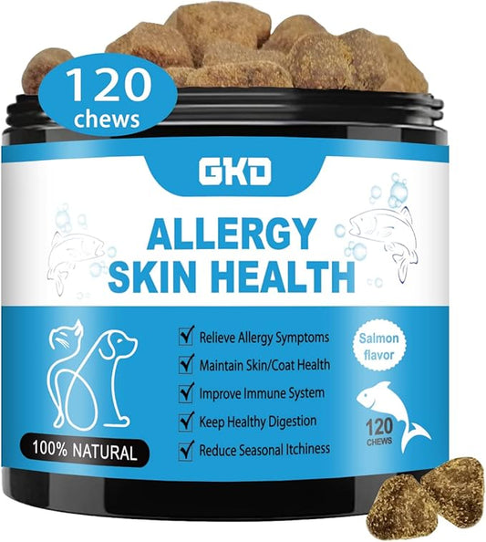 Dog Allergy Relief Chews, Omega 3 Salmon Fish Oil Probiotic Supplement Dogs Itch Relief for Anti-Itch, Hot Spots, and Seasonal Allergies (Salmon)