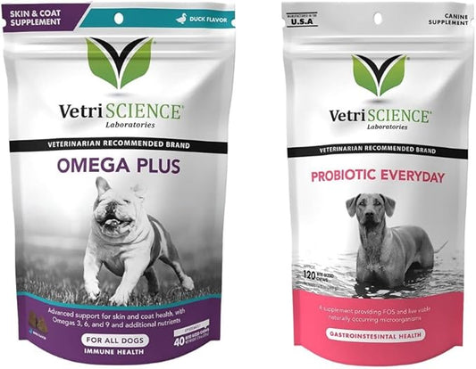 VetriScience Probiotic Everyday for Dogs, Duck Flavor, 120 Chews & Omega Plus Advanced Skin Supplement for Dogs, 40 Chews