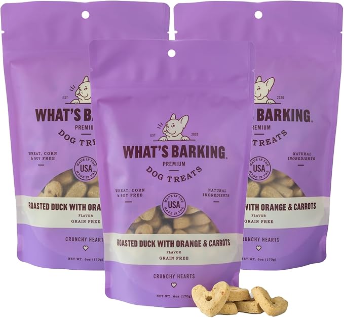 What's Barking Roasted Duck with Orange & Carrots Crunchy Hearts - Premium Dog Treats, Natural Ingredients, No Wheat, Made in USA - 6 Oz (Pack of 3)