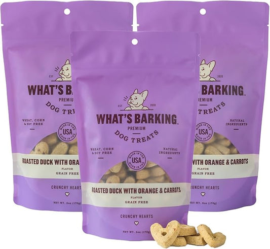 What's Barking Roasted Duck with Orange & Carrots Crunchy Hearts - Premium Dog Treats, Natural Ingredients, No Wheat, Made in USA - 6 Oz (Pack of 3)