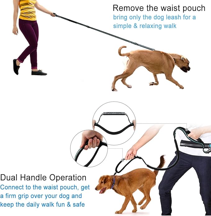 PHILORN Hands Free Dog Leash for Running, Jogging | Reflective Stitching, Adjustable Waist Belt(24"-47"), Phone Pouch, Shock Absorbing Dual Handle Bungee(47"-67") for Large Dog