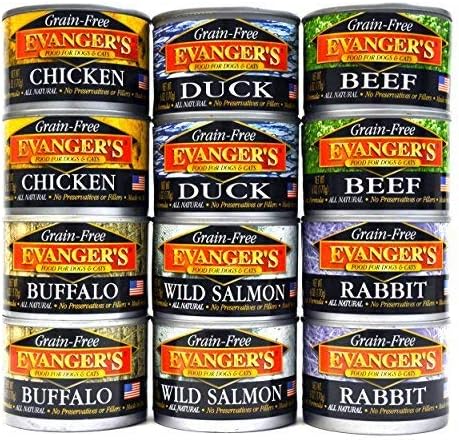 Evangers Grain Free, All Natural Dog/Cat Food Variety Pack - 6 Flavors (Chicken, Beef, Buffalo, Rabbit, Duck, and Wild Salmon) 6-Ounce Each - 2 of Each Flavor (12 Total Cans)