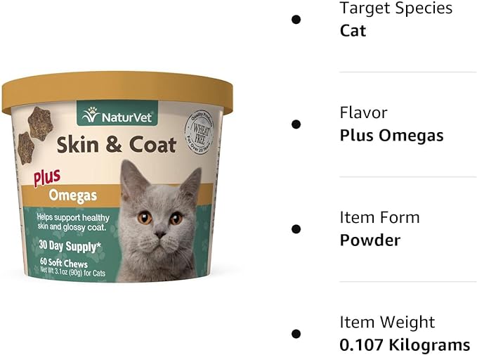 NaturVet – Skin & Coat Plus Omegas for Cats – 60 Soft Chews | Supports Healthy Skin & Glossy Coat | Enhanced with Omega-3, Omega-6 & Biotin | 30 Day Supply